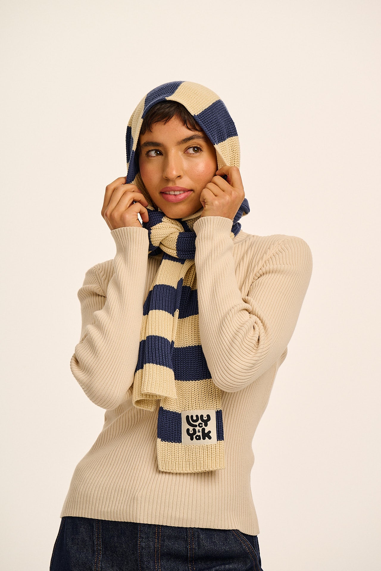 Aroha - Knitted Scarf in Blue and Ecru Stripe
