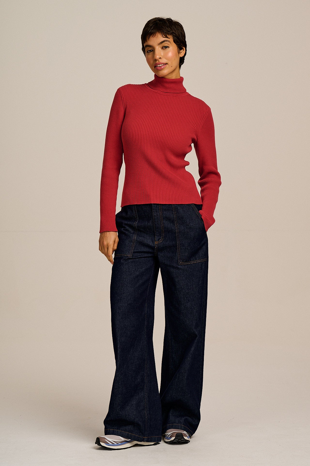 Eva - Knitted Roll Neck Long Sleeve Top in Cardinal Red
