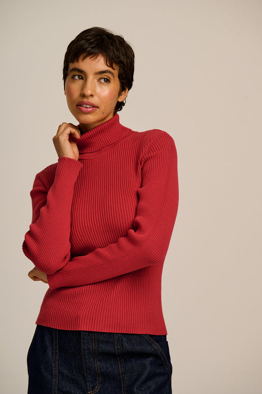 Eva - Knitted Roll Neck Long Sleeve Top in Cardinal Red
