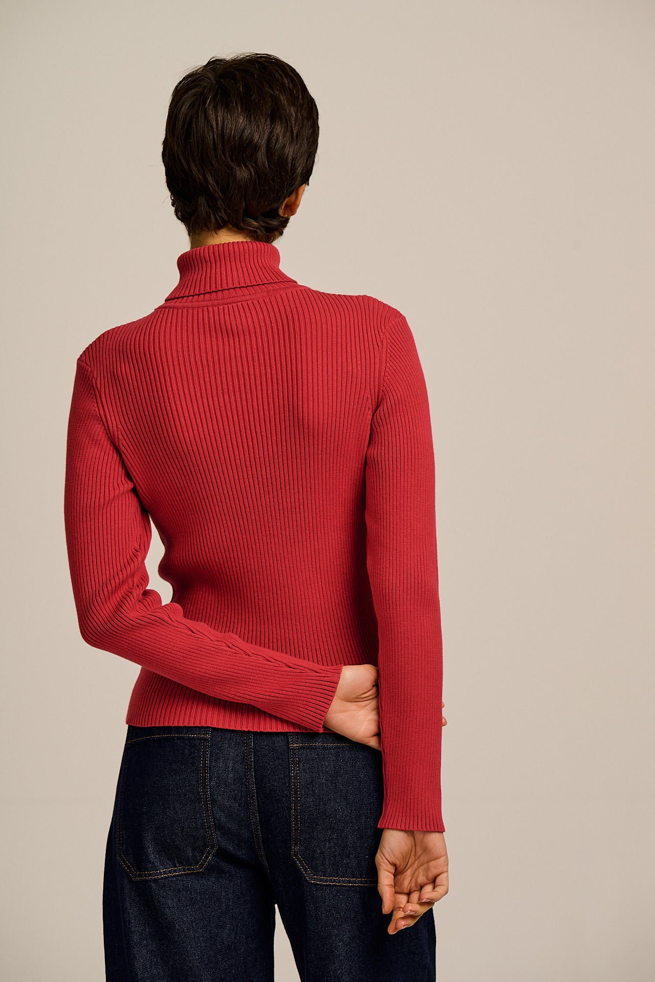 Eva - Knitted Roll Neck Long Sleeve Top in Cardinal Red