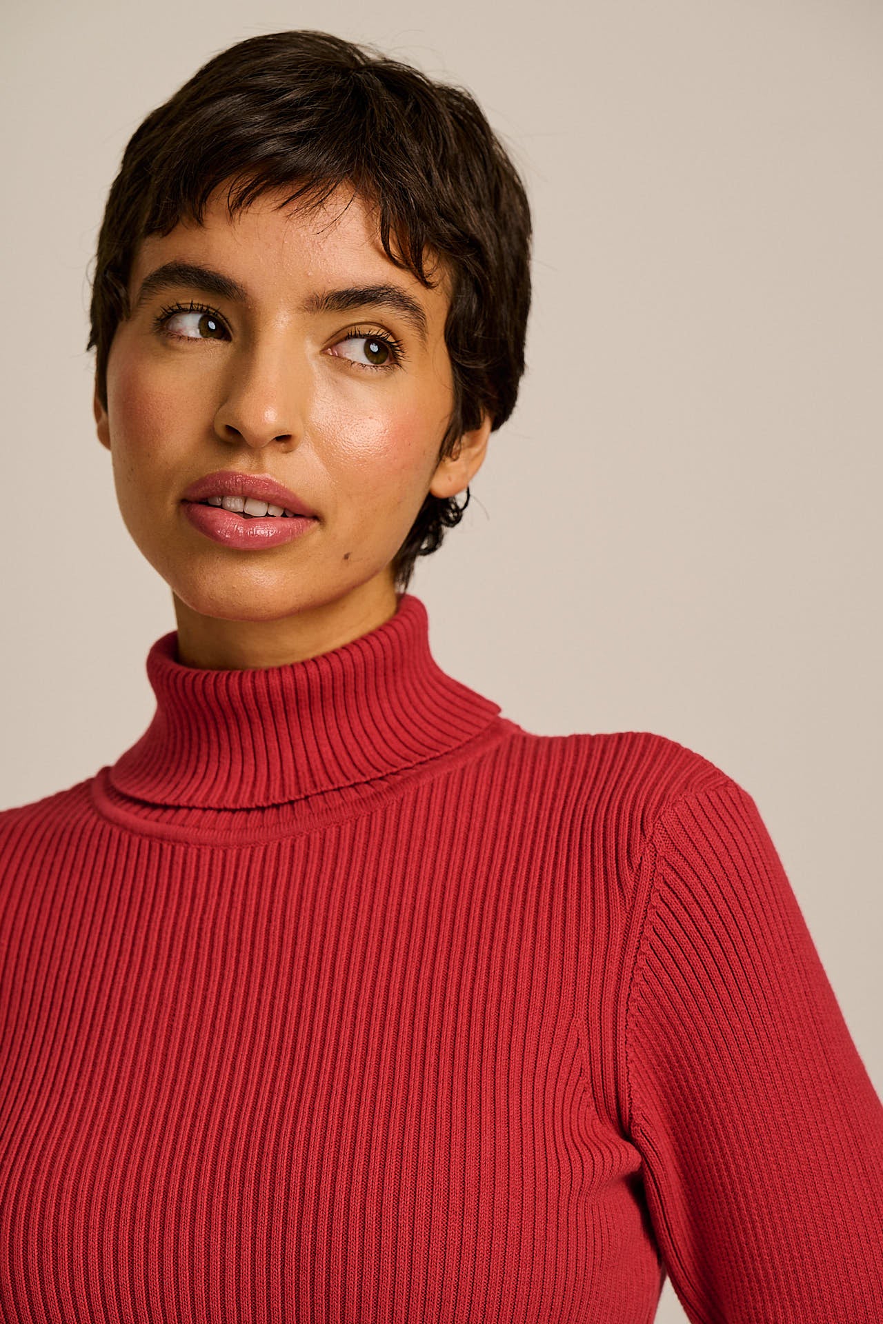 Eva - Knitted Roll Neck Long Sleeve Top in Cardinal Red
