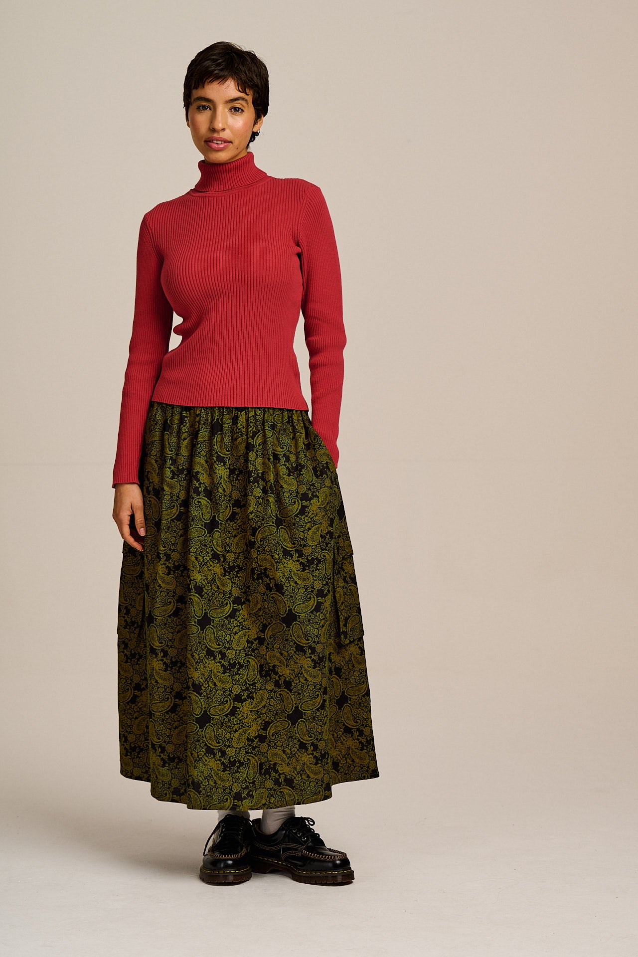 Eva - Knitted Roll Neck Long Sleeve Top in Cardinal Red