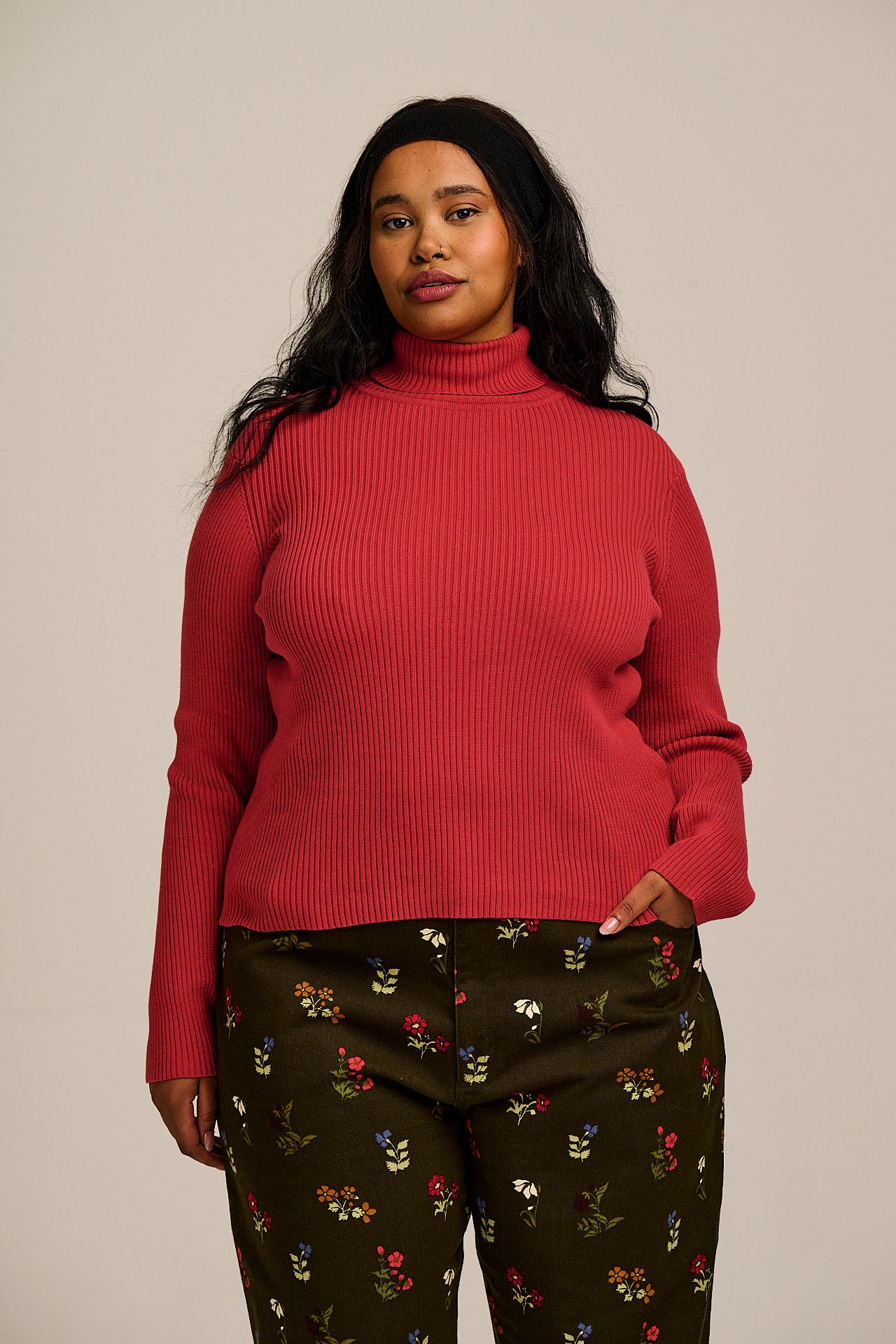 Eva - Knitted Roll Neck Long Sleeve Top in Cardinal Red