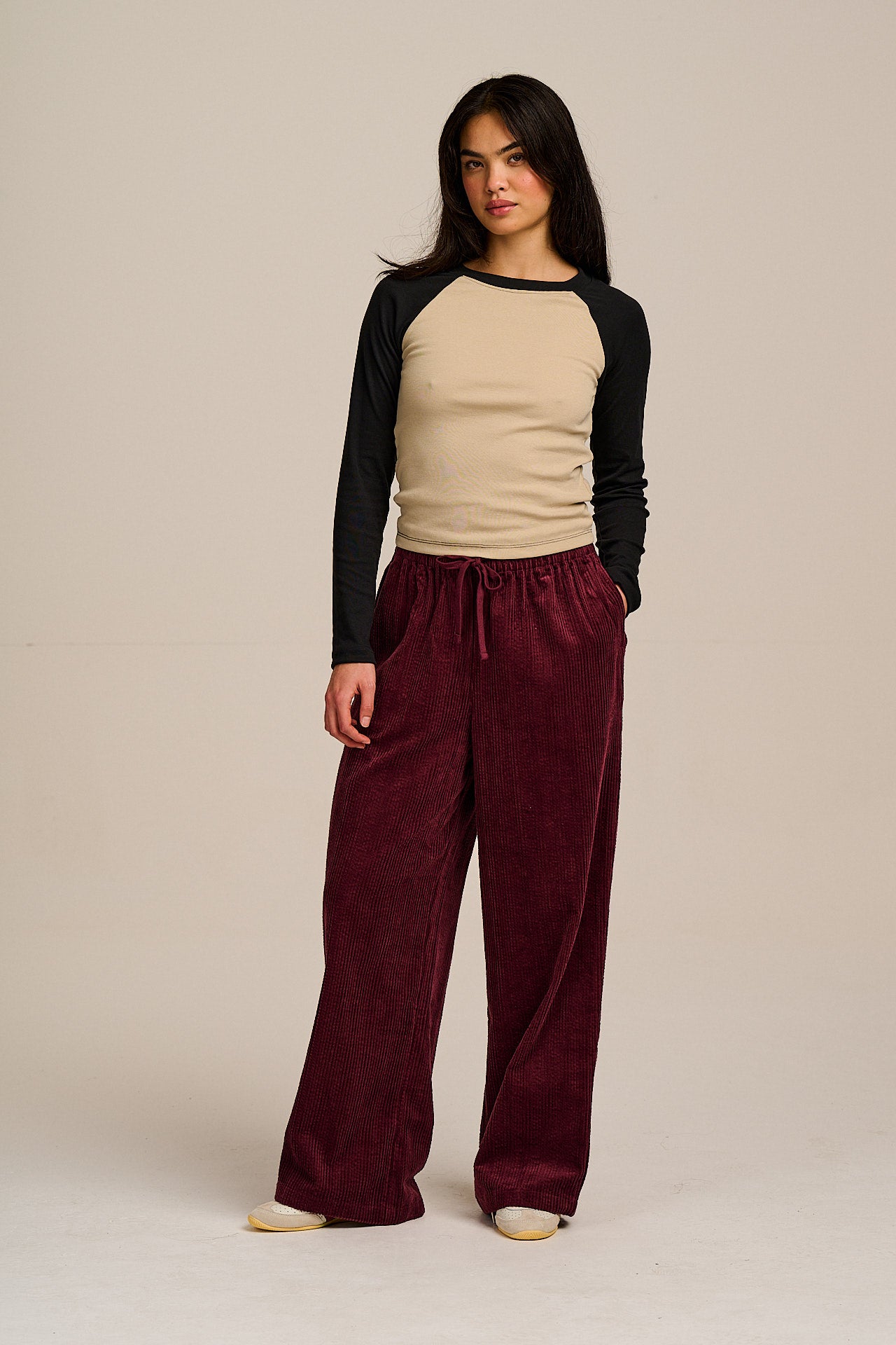 Norris - Wide Leg Corduroy Trousers in Wine Red