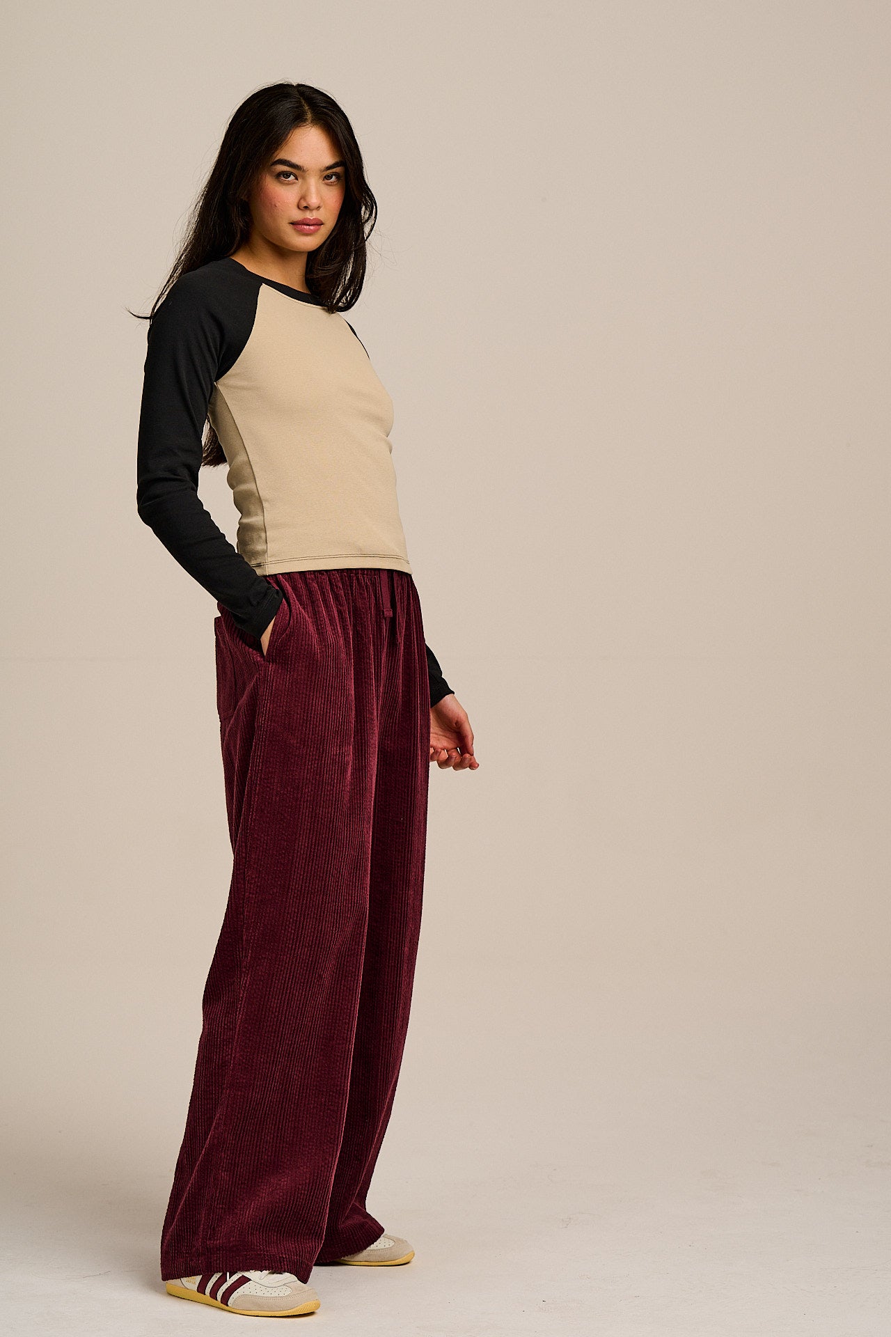 Norris - Wide Leg Corduroy Trousers in Wine Red