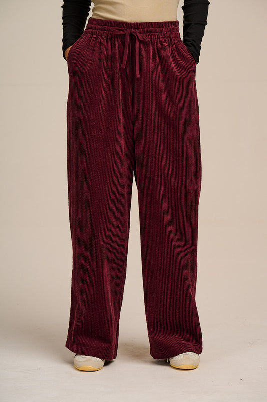 Norris - Wide Leg Corduroy Trousers in Wine Red