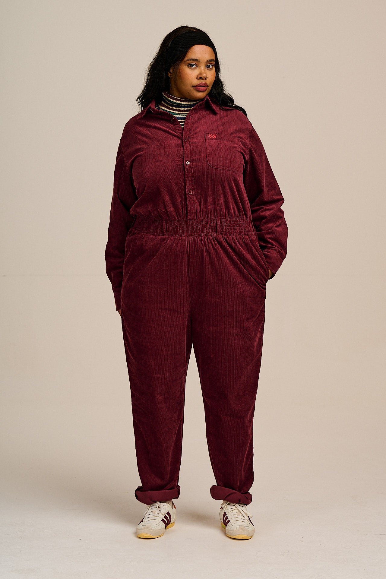 Eddie - Long Sleeve Corduroy Jumpsuit in Wine Red