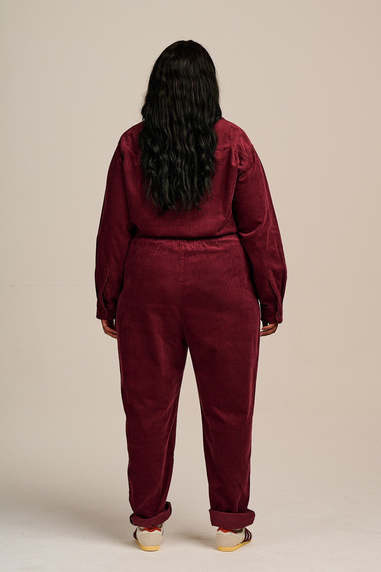 Eddie - Long Sleeve Corduroy Jumpsuit in Wine Red