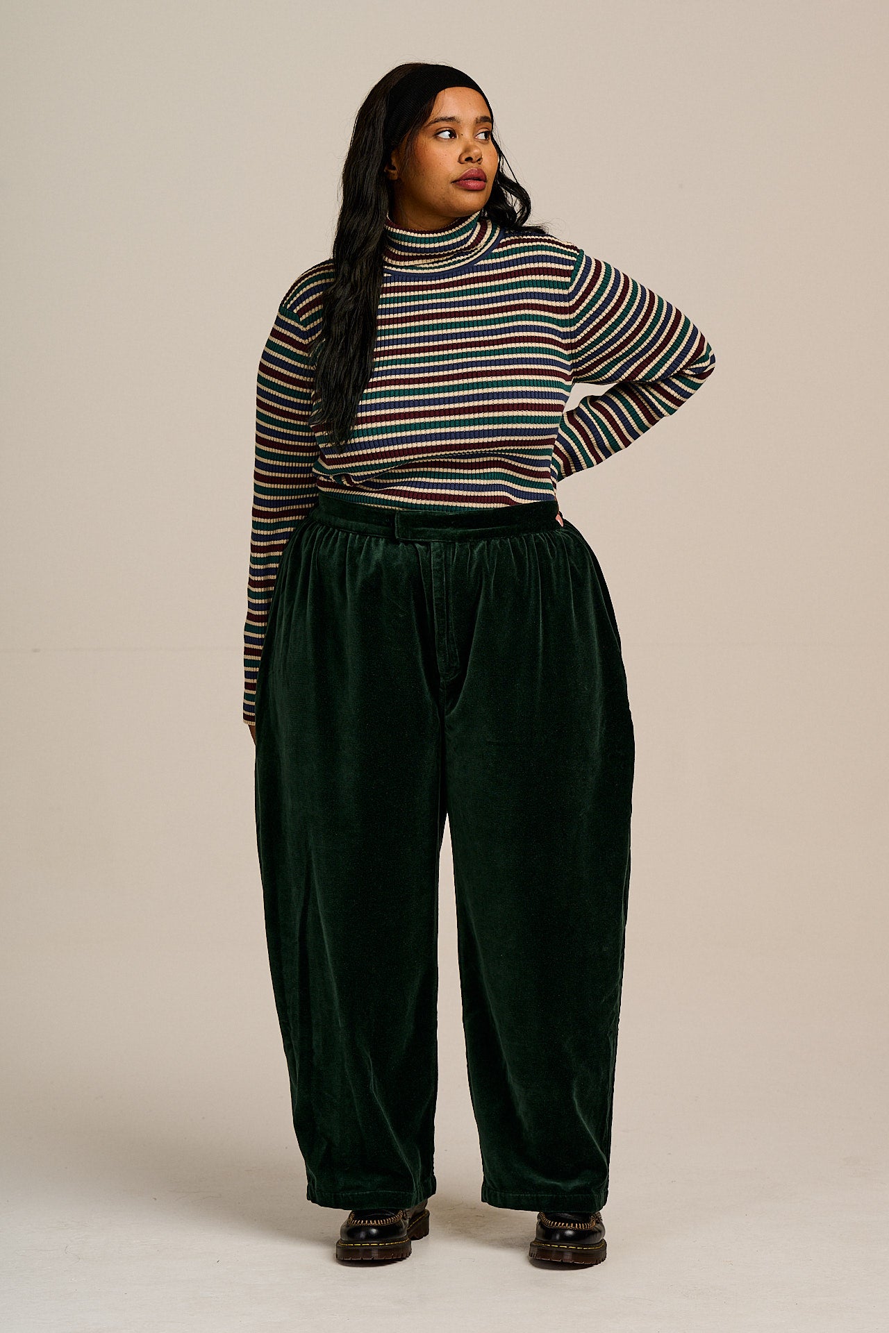 Beau - Barrel Leg Cotton Velvet Trousers in Jade