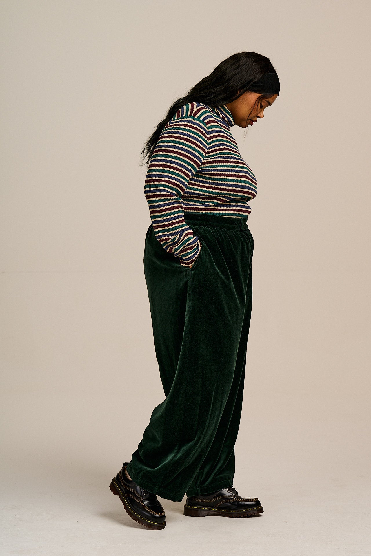 Beau - Barrel Leg Cotton Velvet Trousers in Jade