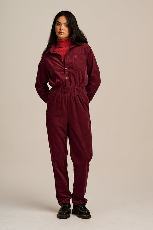 Eddie - Long Sleeve Corduroy Jumpsuit in Wine Red