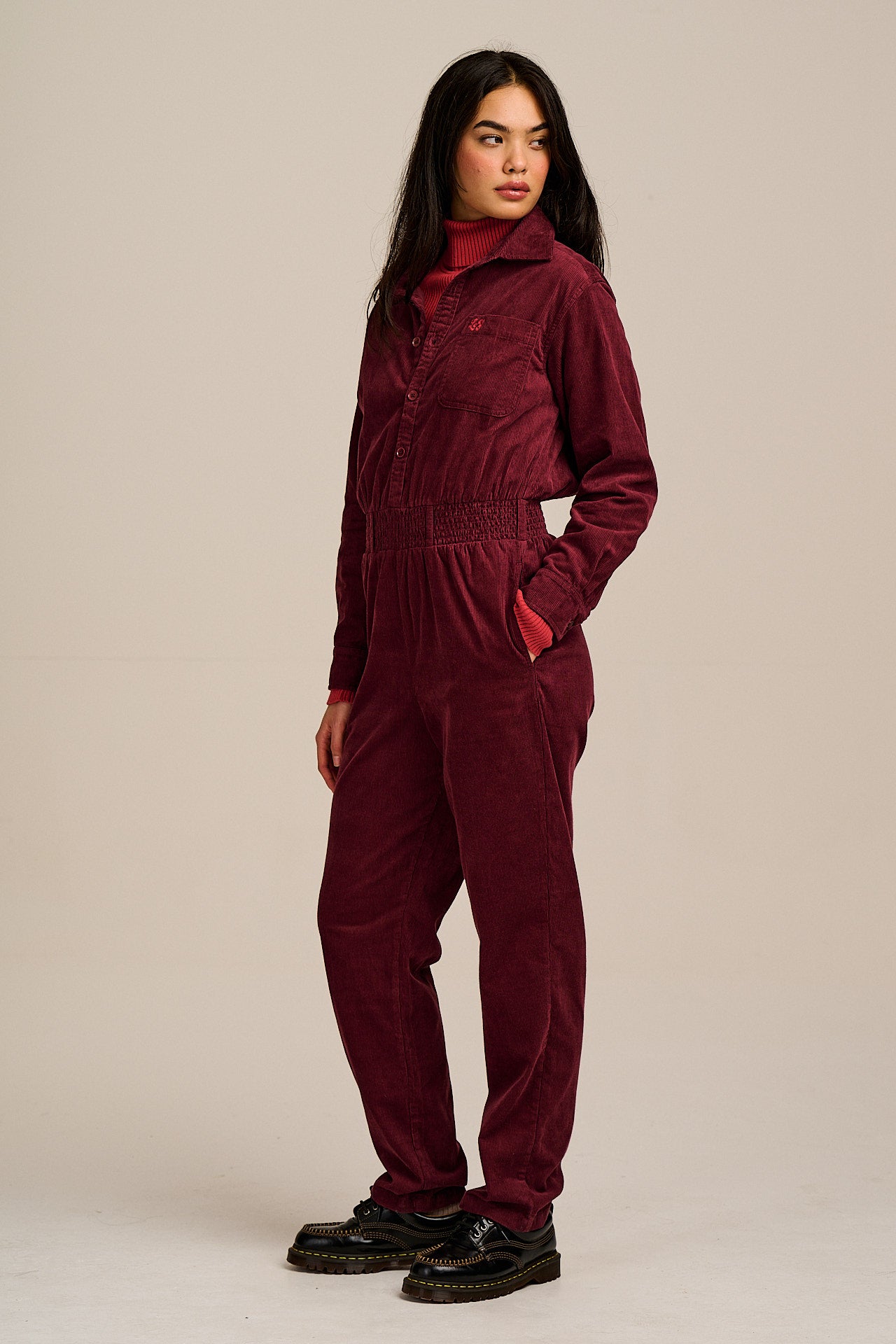 Eddie - Long Sleeve Corduroy Jumpsuit in Wine Red