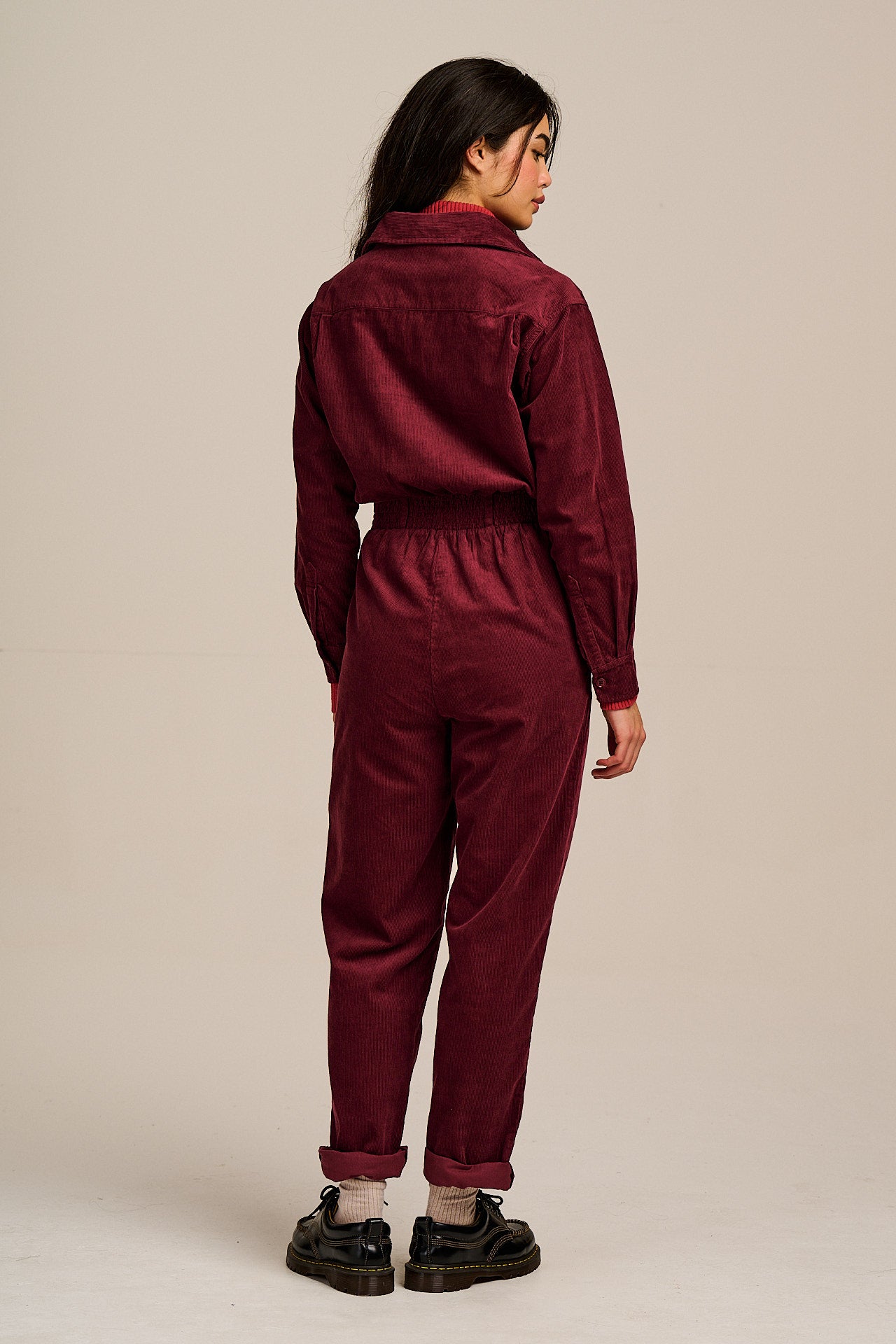 Eddie - Long Sleeve Corduroy Jumpsuit in Wine Red