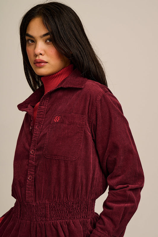 Eddie - Long Sleeve Corduroy Jumpsuit in Wine Red