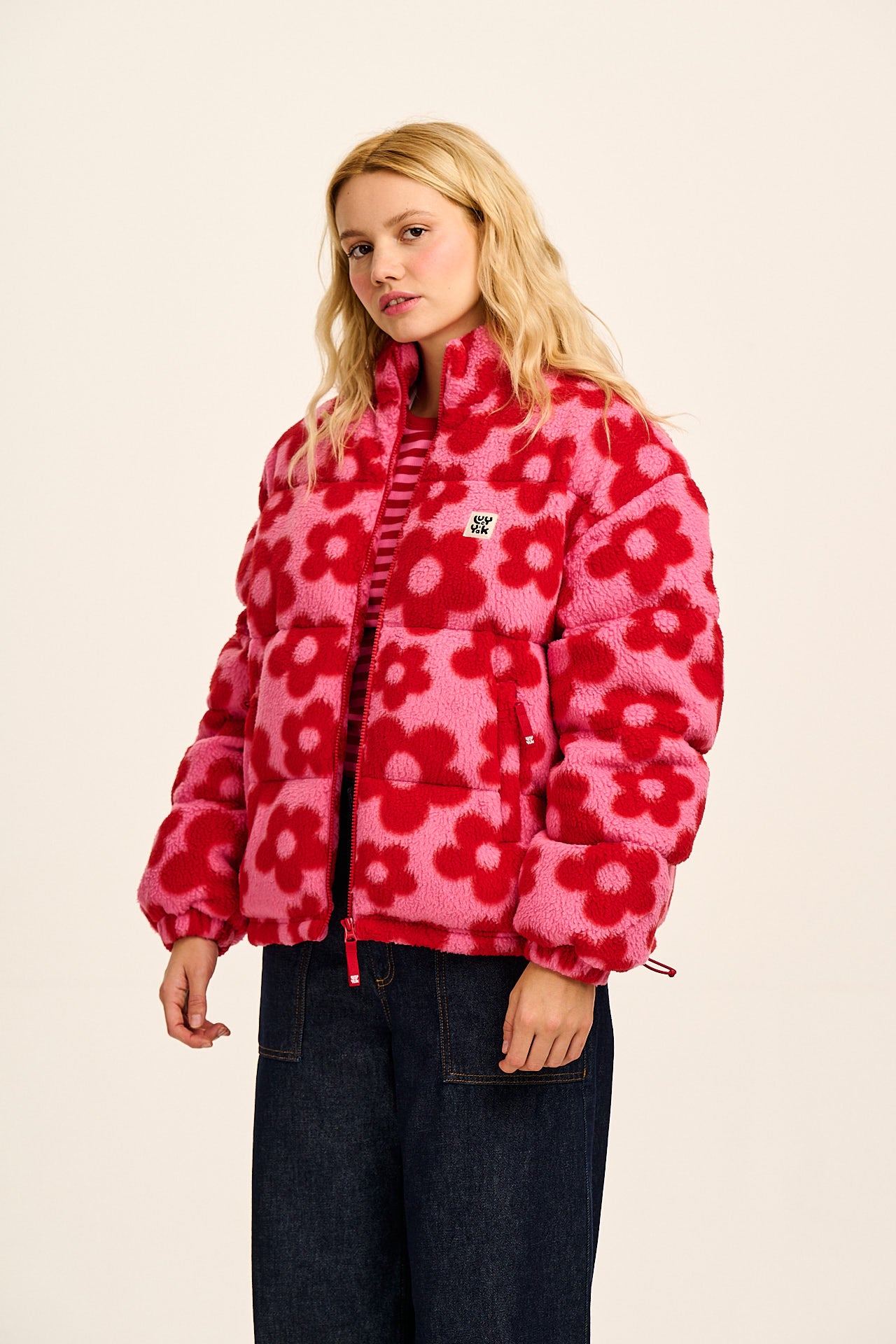 Paloma - Borg Puffer Jacket in Pink & Red Bubble Floral
