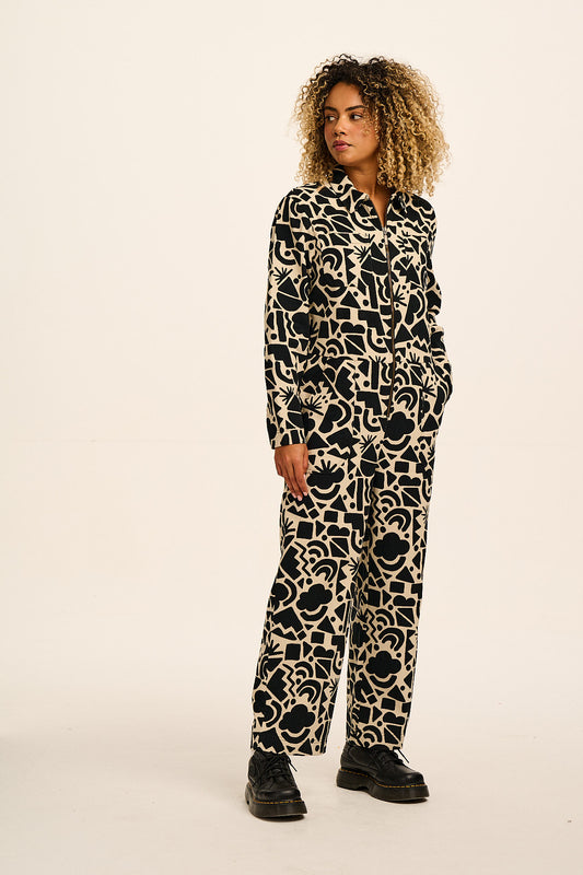 Arendal - Cotton Long Sleeve Jumpsuit in Mono Geo