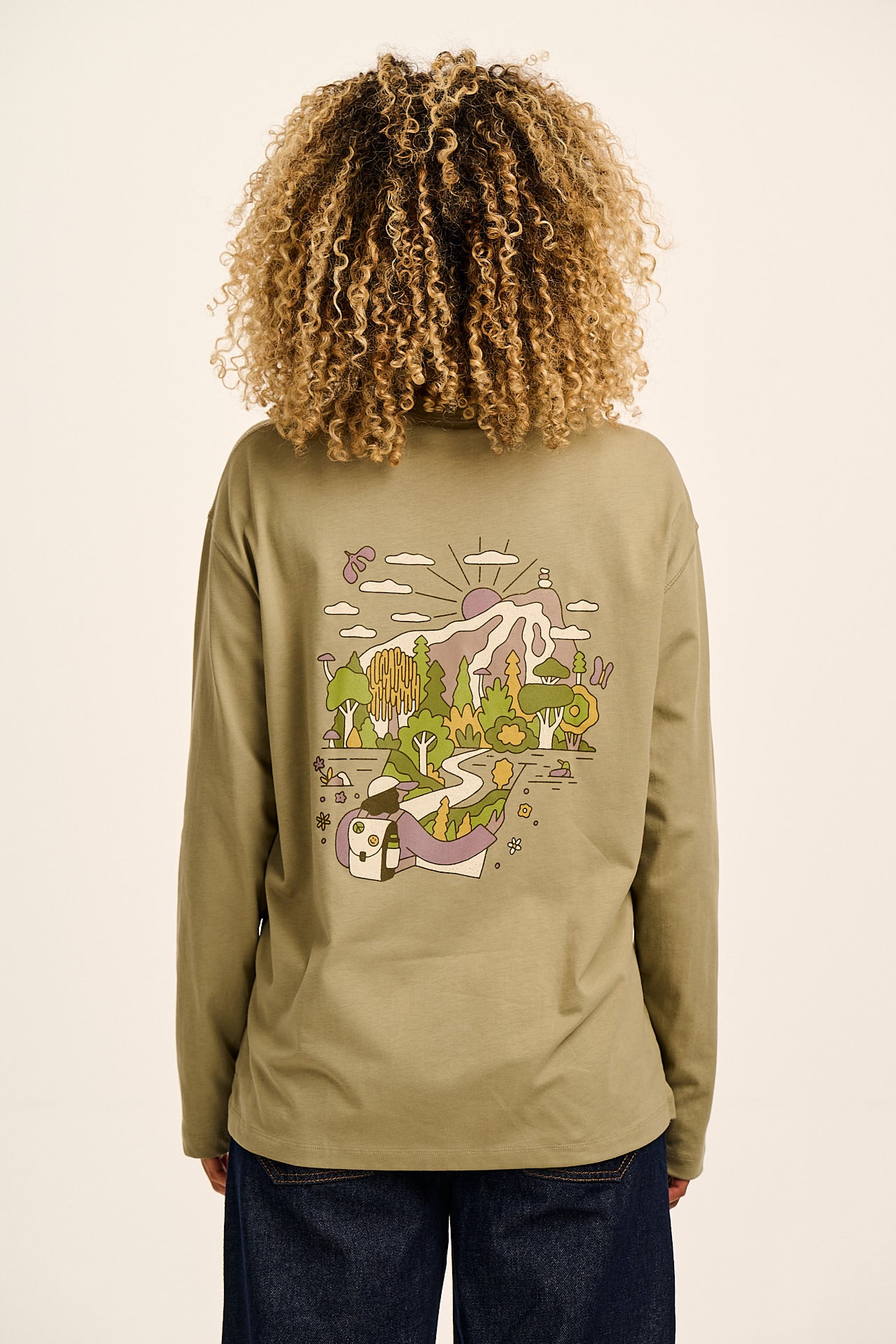 Murat - Long Sleeve Lightweight Cotton T-Shirt in Green Follow Trails Print