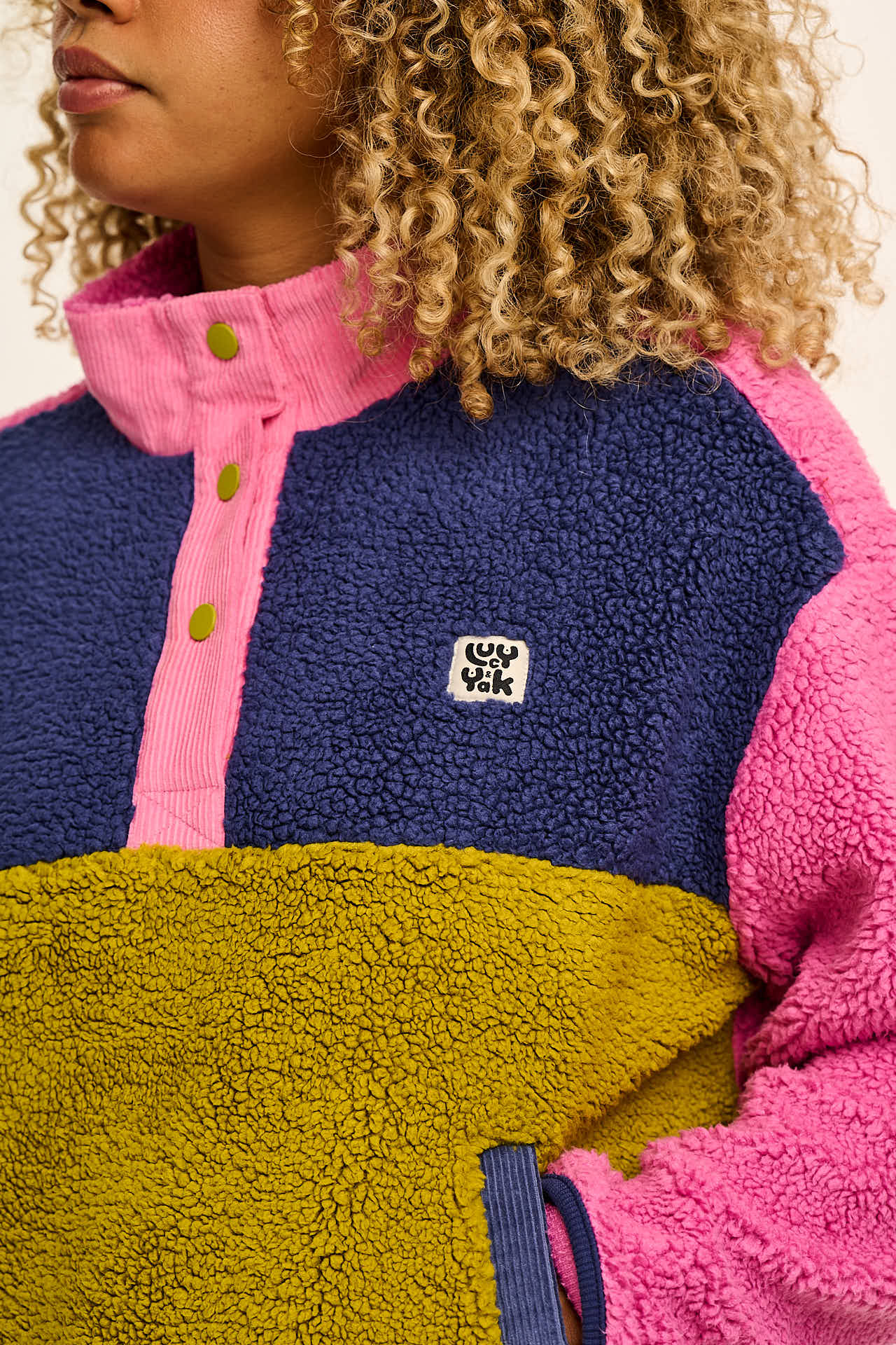 Marlow - Lightweight Button Down Borg Fleece in Bright Colour Block