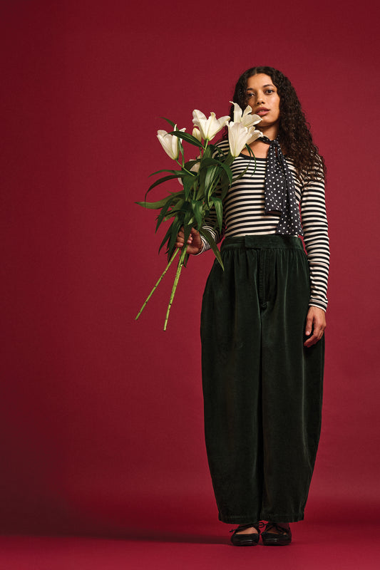 Beau - Barrel Leg Cotton Velvet Trousers in Jade