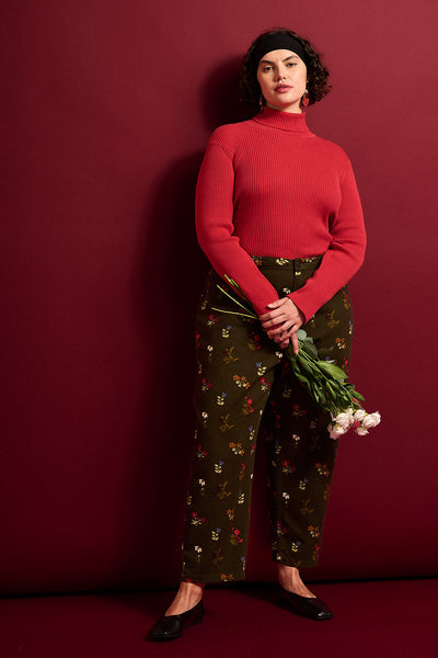 Drew - Cropped Straight Leg Cotton Trousers in Winter Blooms