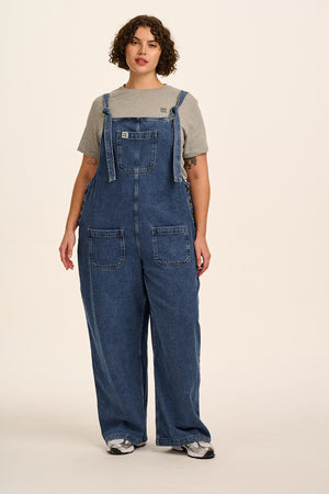 Ali - Wide Leg Denim Dungarees in Mid Wash Blue