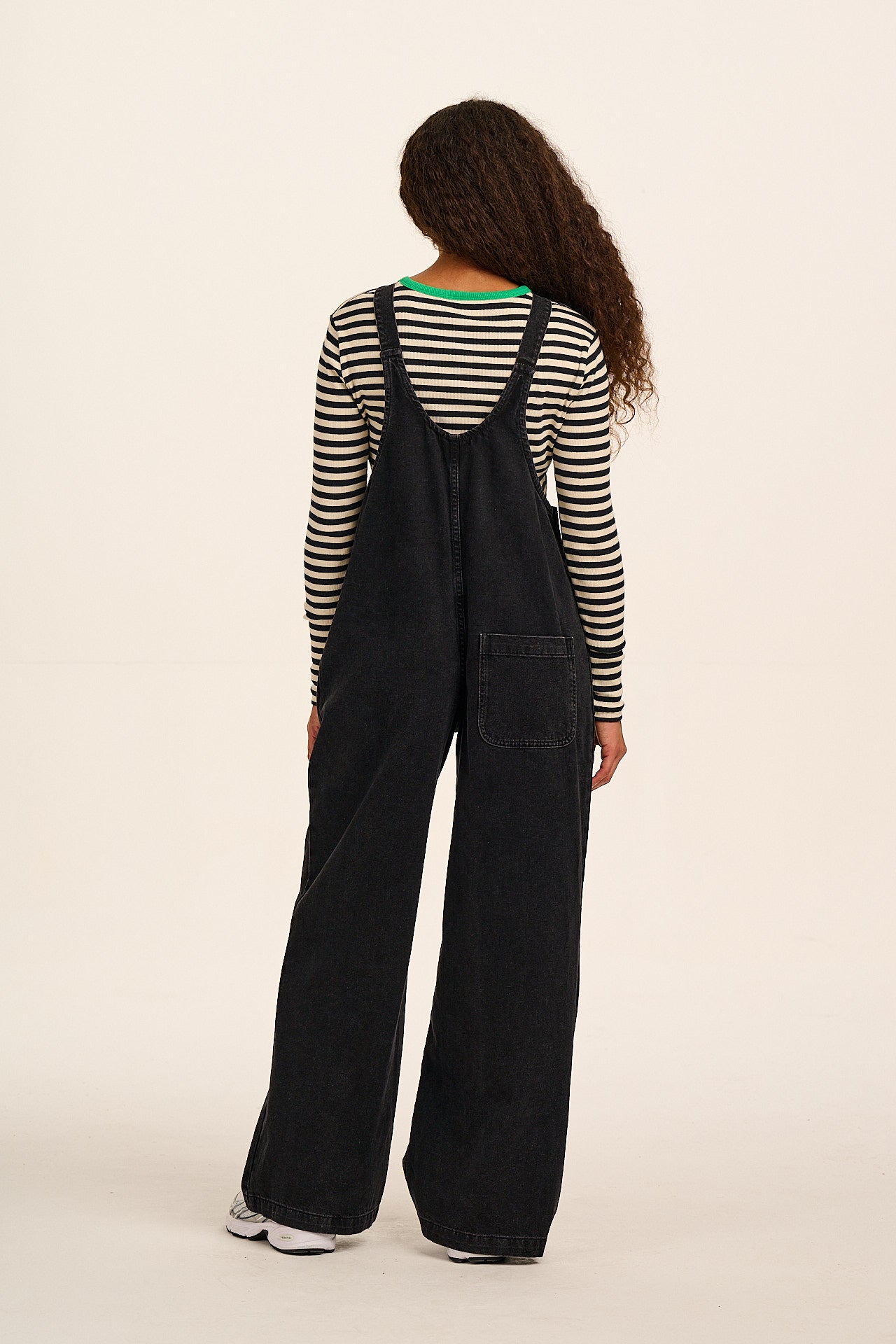 Ali - Wide Leg Denim Dungarees in Washed Black