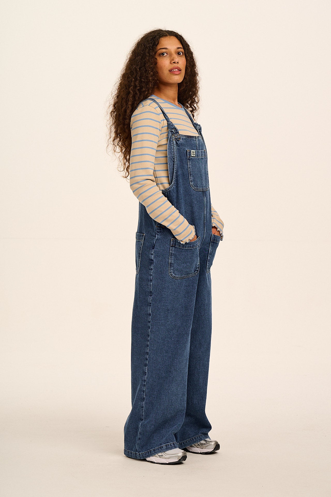 Ali - Wide Leg Denim Dungarees in Mid Wash Blue