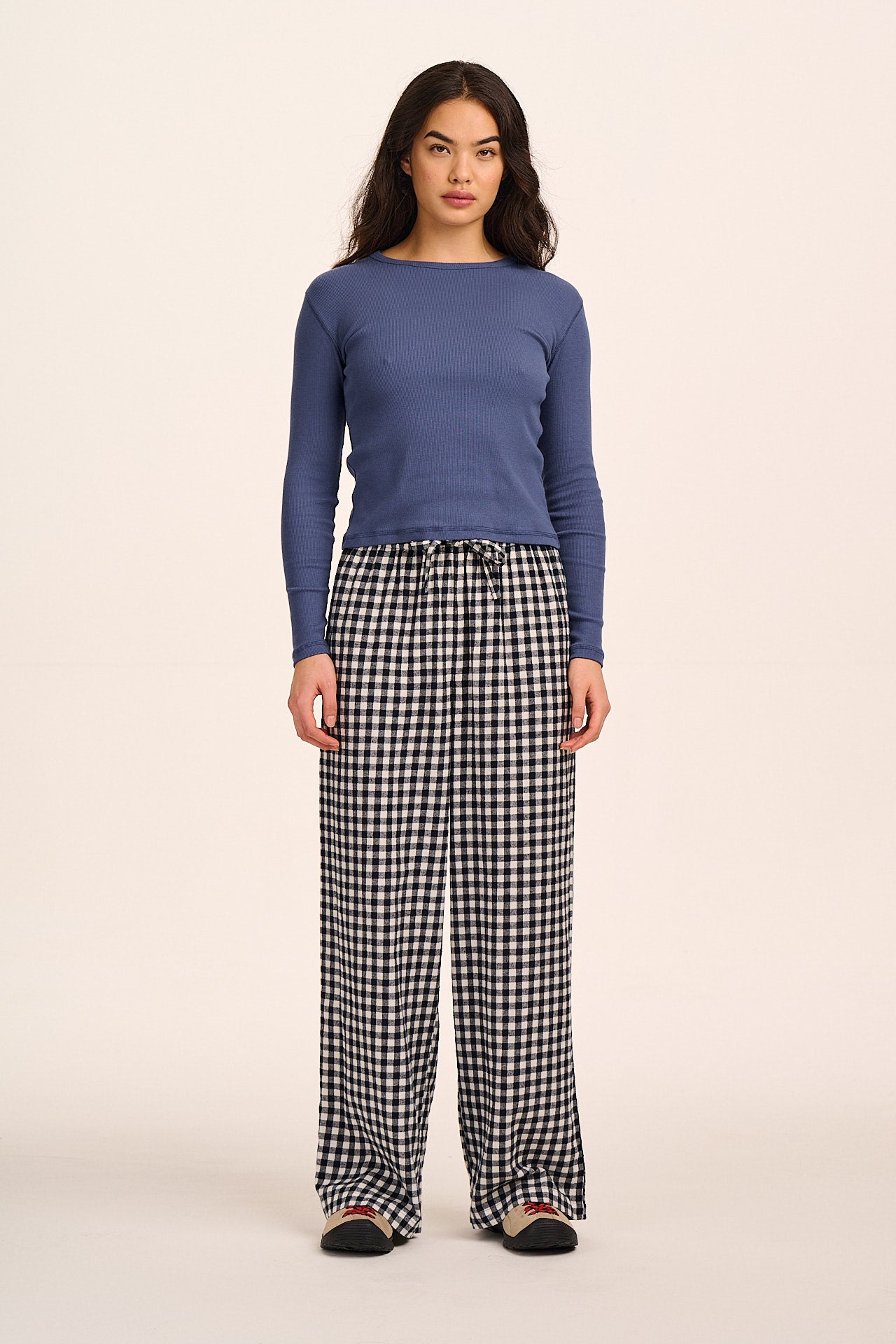 Norris - Wide Leg Cotton Trousers in Black and White Gingham
