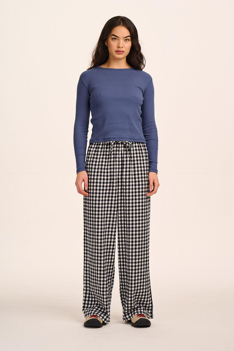 Norris - Wide Leg Cotton Trousers in Black and White Gingham