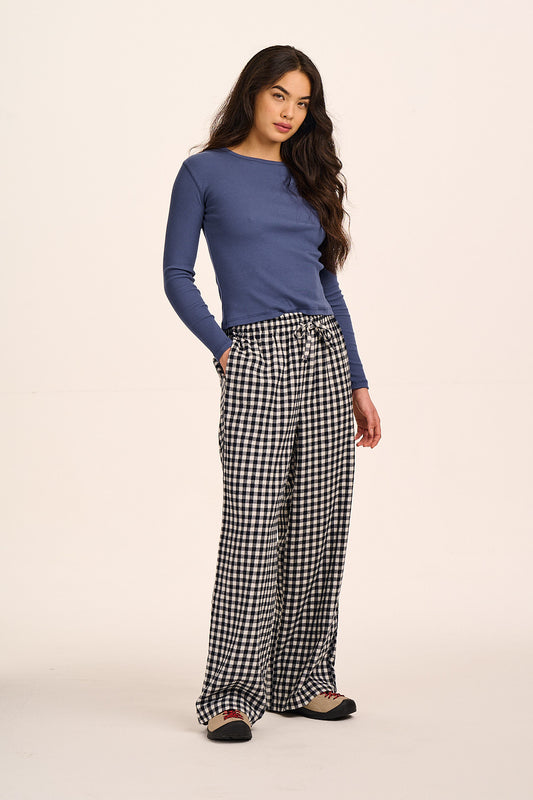 Norris - Wide Leg Cotton Trousers in Black and White Gingham