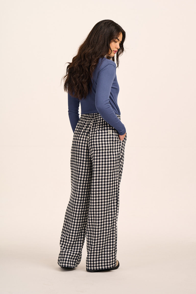 Norris - Wide Leg Cotton Trousers in Black and White Gingham