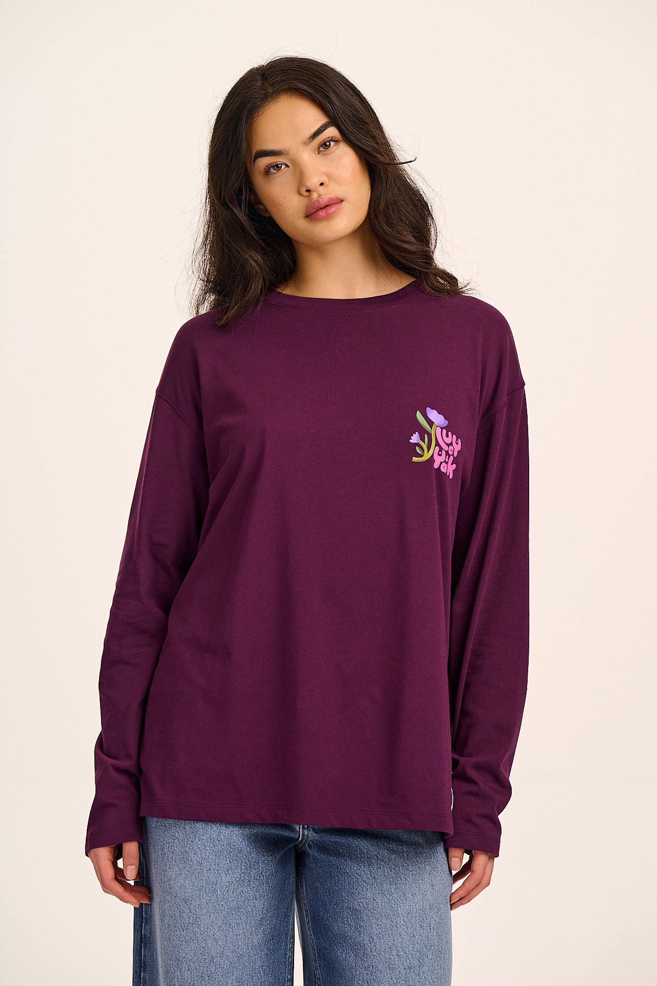 Murat - Long Sleeve Lightweight Cotton T-Shirt in Purple Flowers & Characters