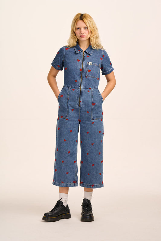 Ragan - Denim Jumpsuit in Mid Wash with Cupid Hearts