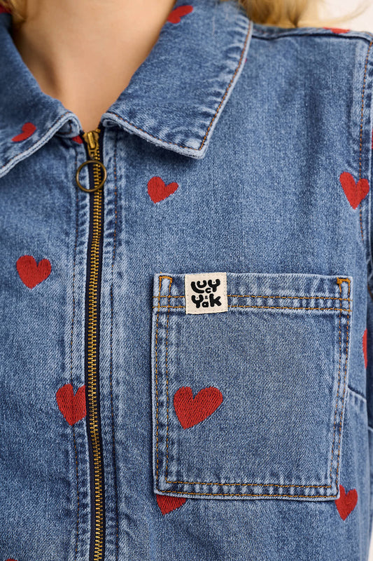 Ragan - Denim Jumpsuit in Mid Wash with Cupid Hearts