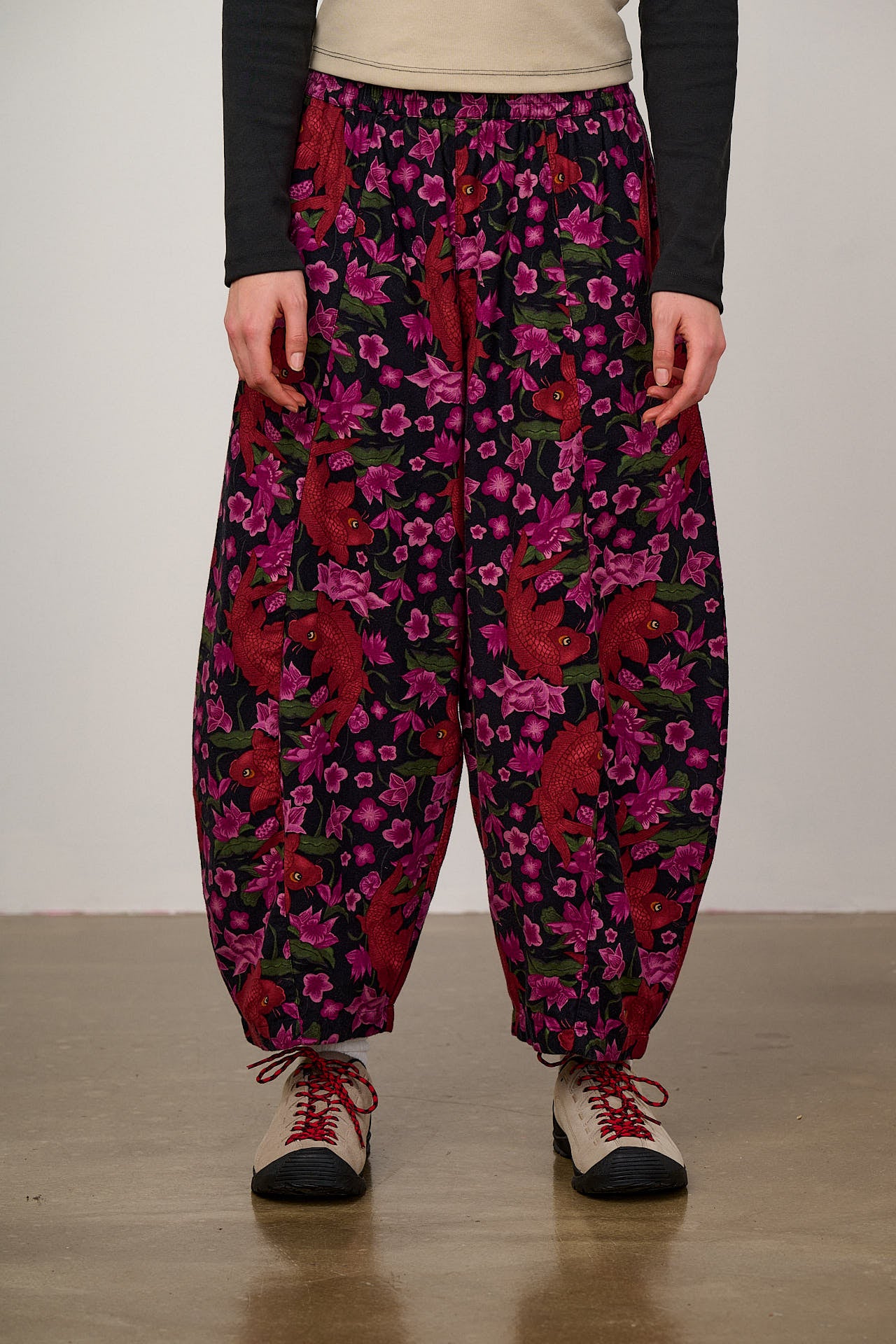 Obregon - Barrel Leg Brushed Cotton Trousers in Pink Koi Print