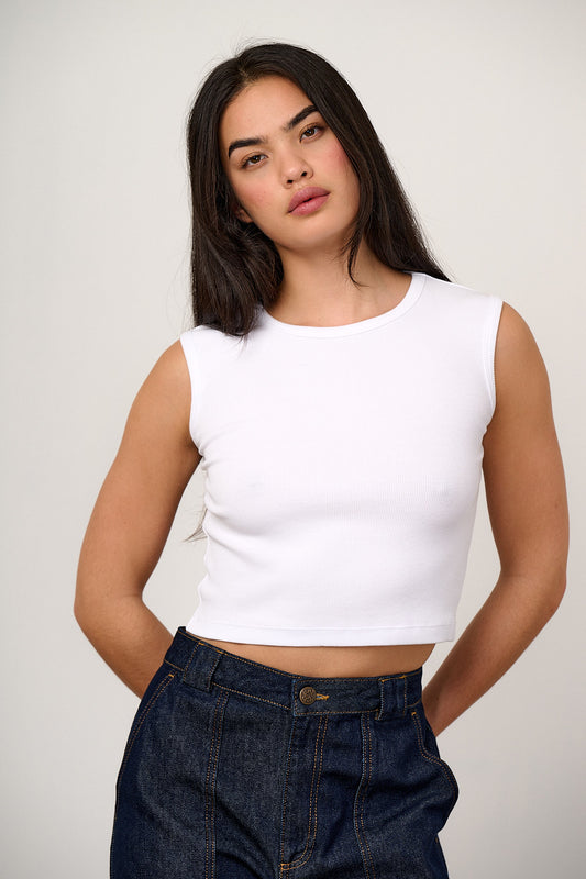 Rue - Cotton Ribbed Tank Top in White
