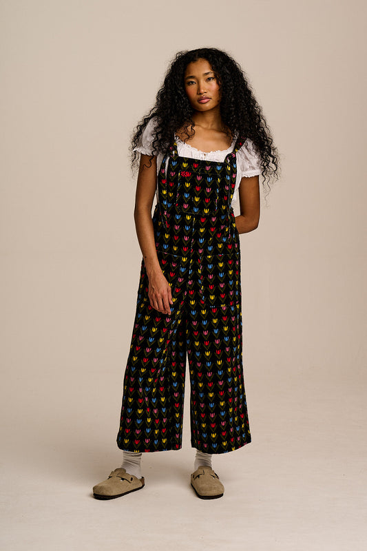 Jenny - Wide Leg Corduroy Dungarees in Black Tulip Print