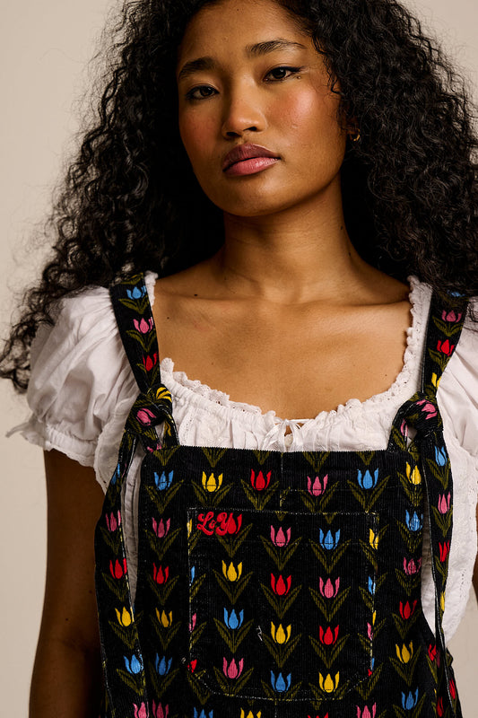Jenny - Wide Leg Corduroy Dungarees in Black Tulip Print