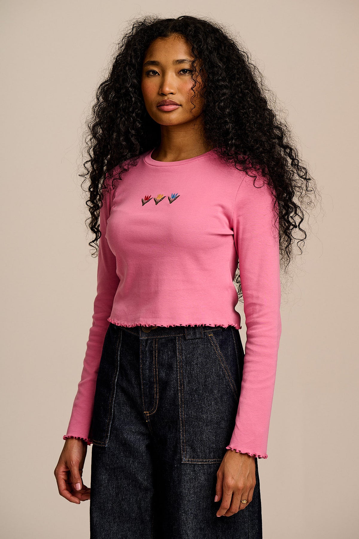 Hansel Long Sleeve Cotton Crop Top Tulip Embroidery