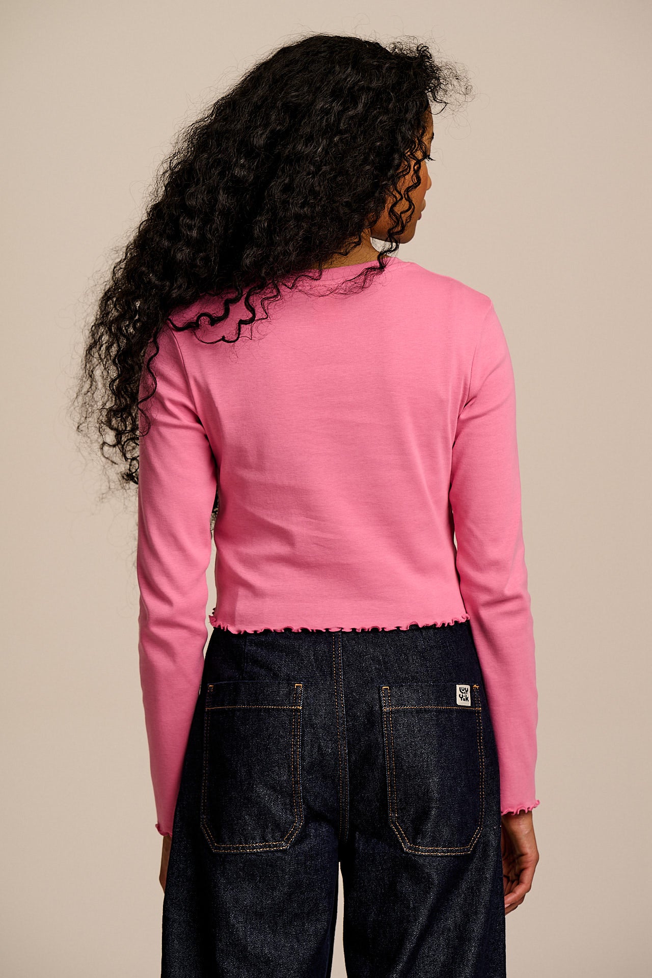 Hansel - Long Sleeve Cotton Crop Top in Pink Tulip Embroidery