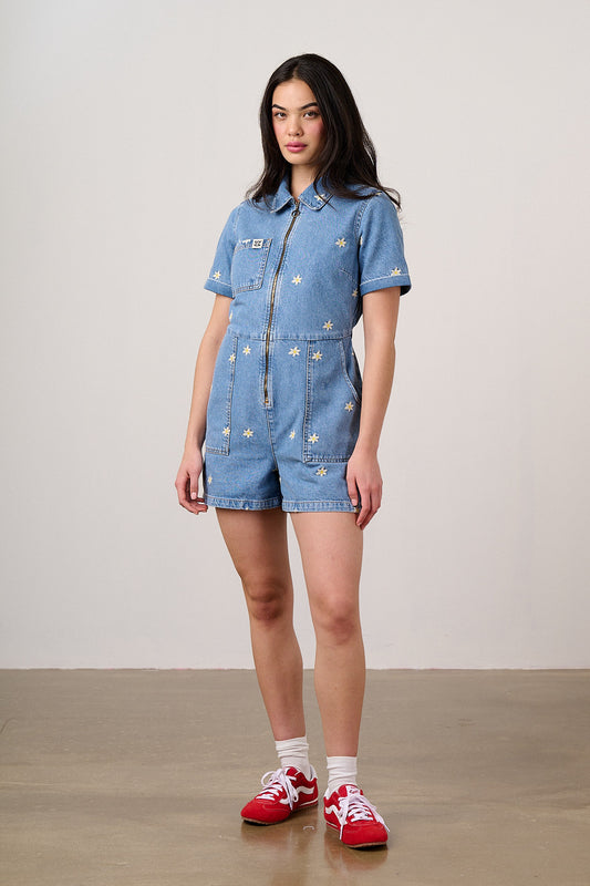 Riley - Denim Playsuit in Light Wash with Daisy Embroidery