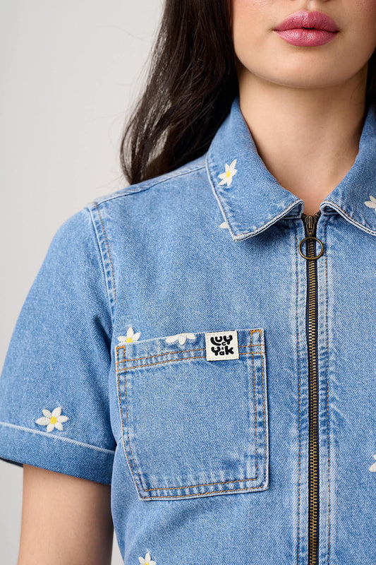 Riley - Denim Playsuit in Light Wash with Daisy Embroidery