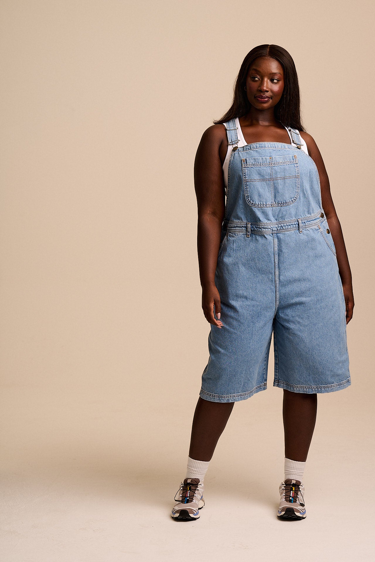 Jara Knee Length Dungaree Shorts - Organic Cotton Denim in Light