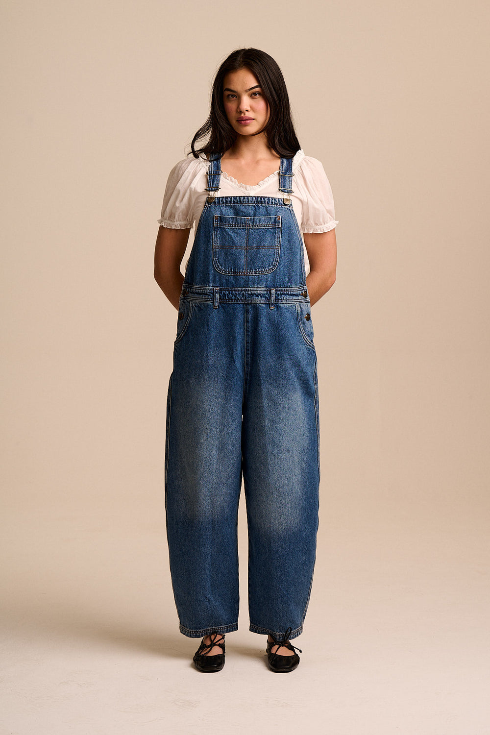 Toluca - Denim Barrel Leg Dungarees in Vintage Wash