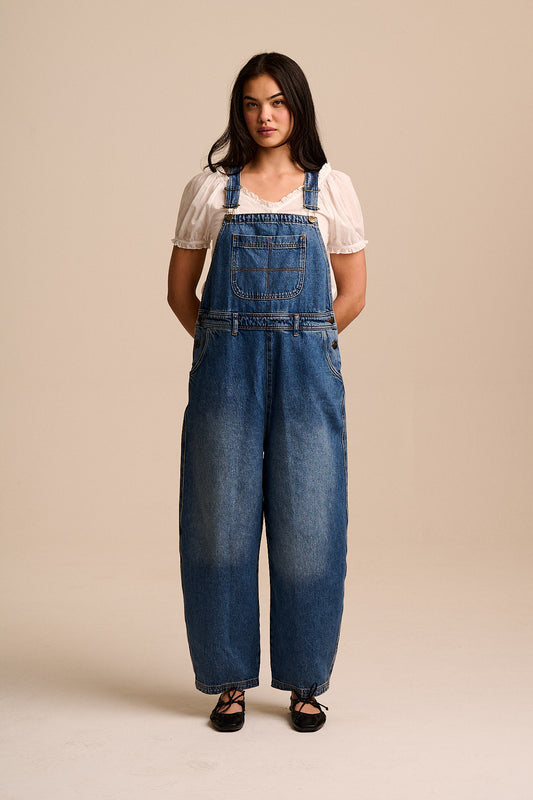 Toluca - Denim Barrel Leg Dungarees in Vintage Wash