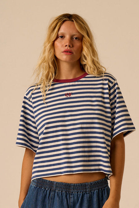 Zayla - Cotton Cropped Boxy T-Shirt in Navy & White Stripe
