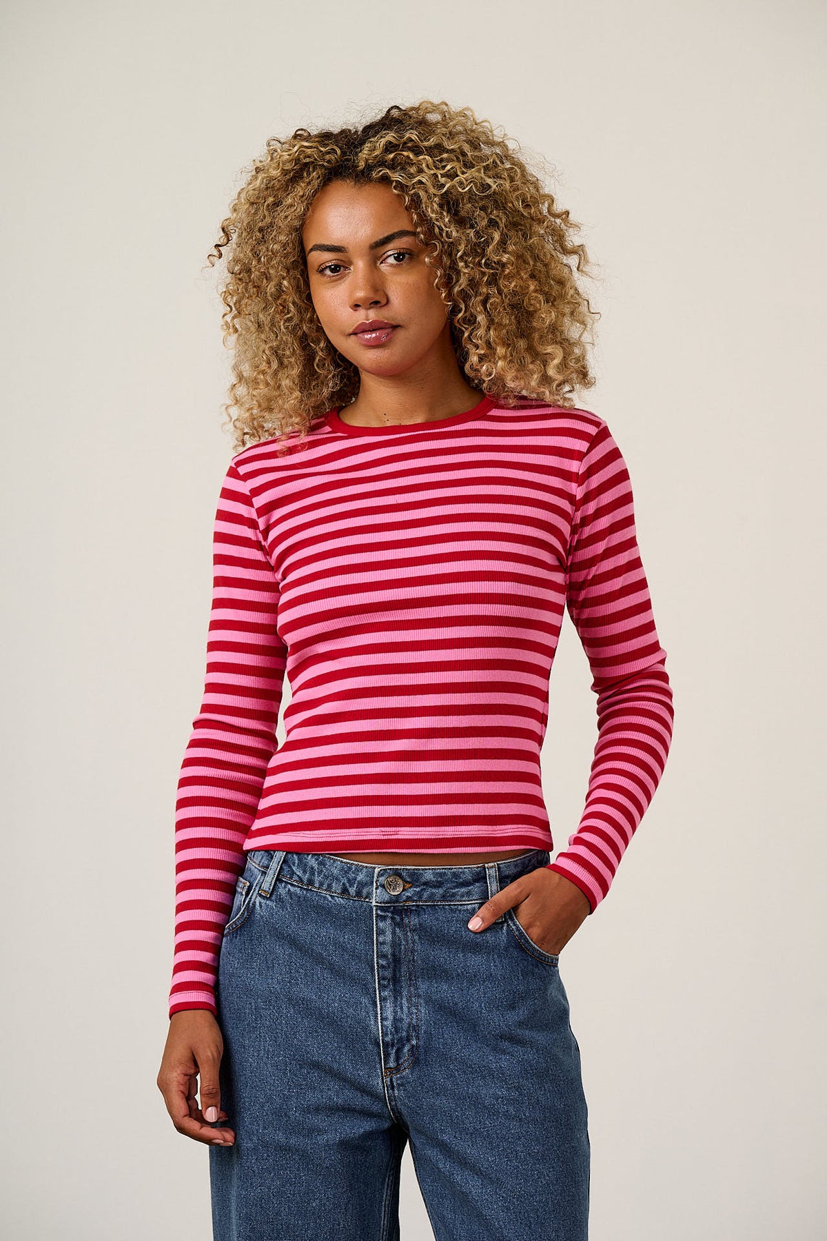 Grayson Long Sleeve Cotton T Shirt Pink & Stripe
