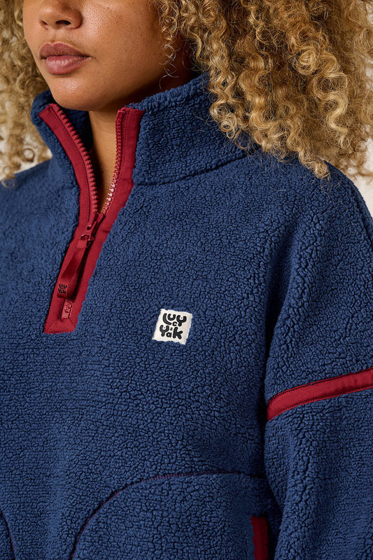 Hadley Half Zip Fleece - Recycled Polyester Borg in Navy and Burgundy