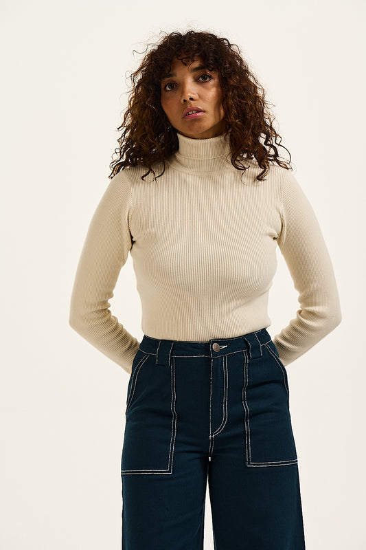Aiden Roll Neck Top: ORGANIC COTTON KNIT - Pearl