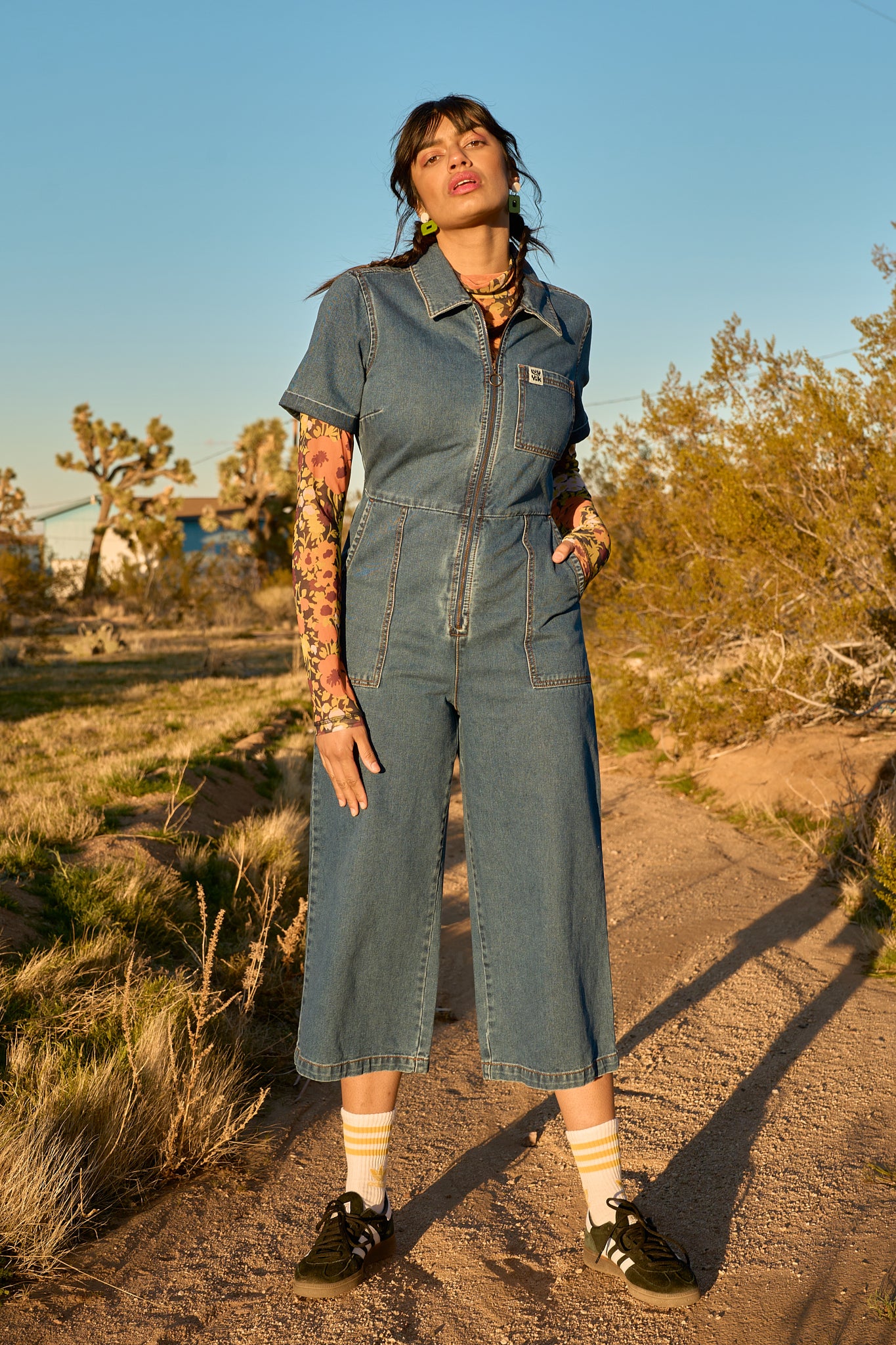 Ragan Denim Jumpsuit in Mid Wash Blue Lucy Yak